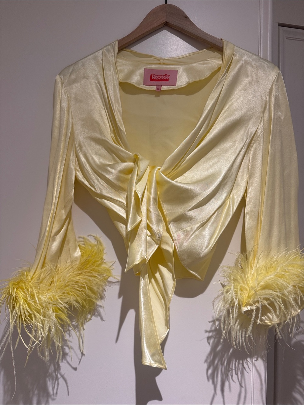 Rezek Yellow Satin Tie-Front Crop Top with Feather Cuffs